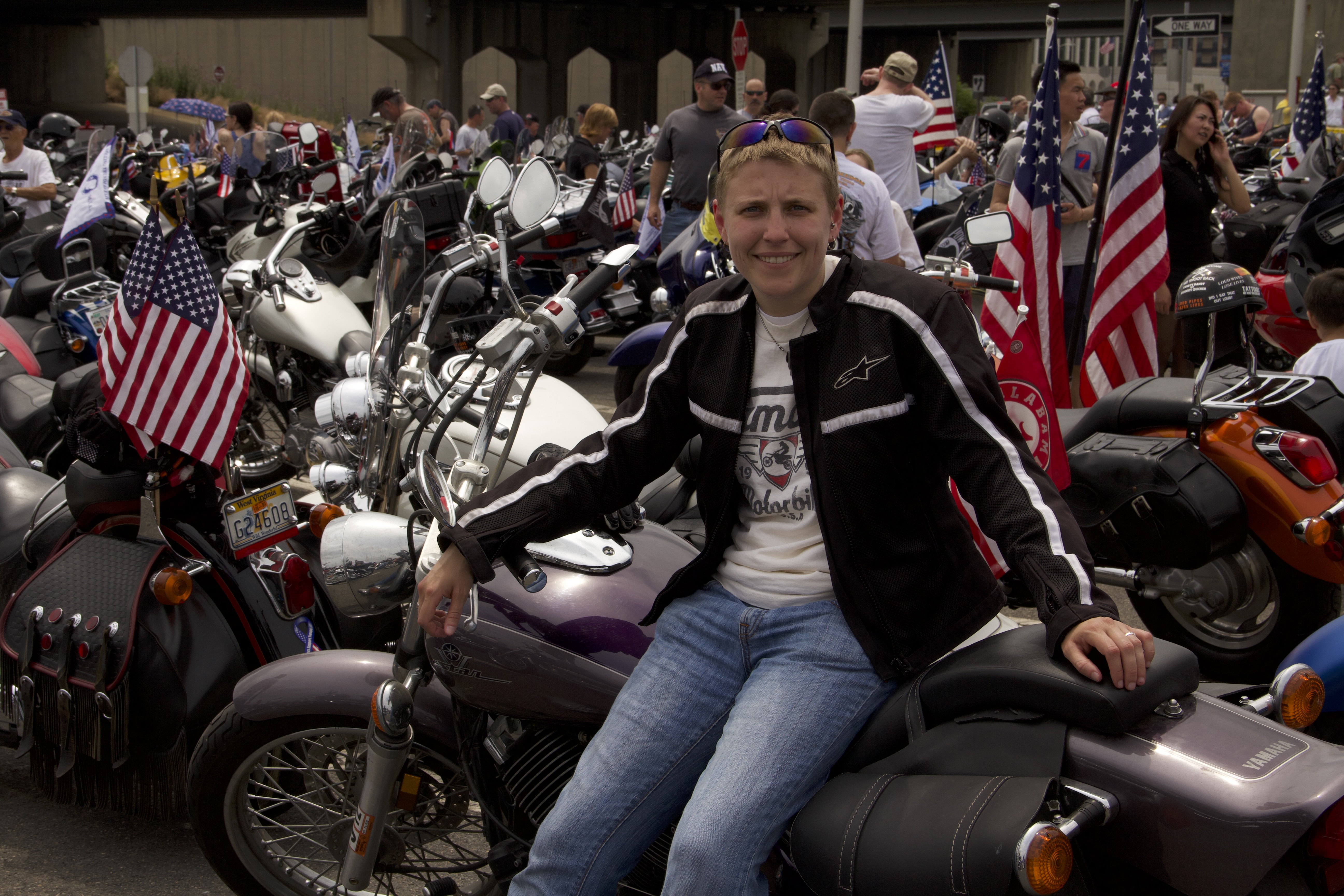 Kate in the Pentagon Parking Lot for the Rolling Thunder motorcycle rally.