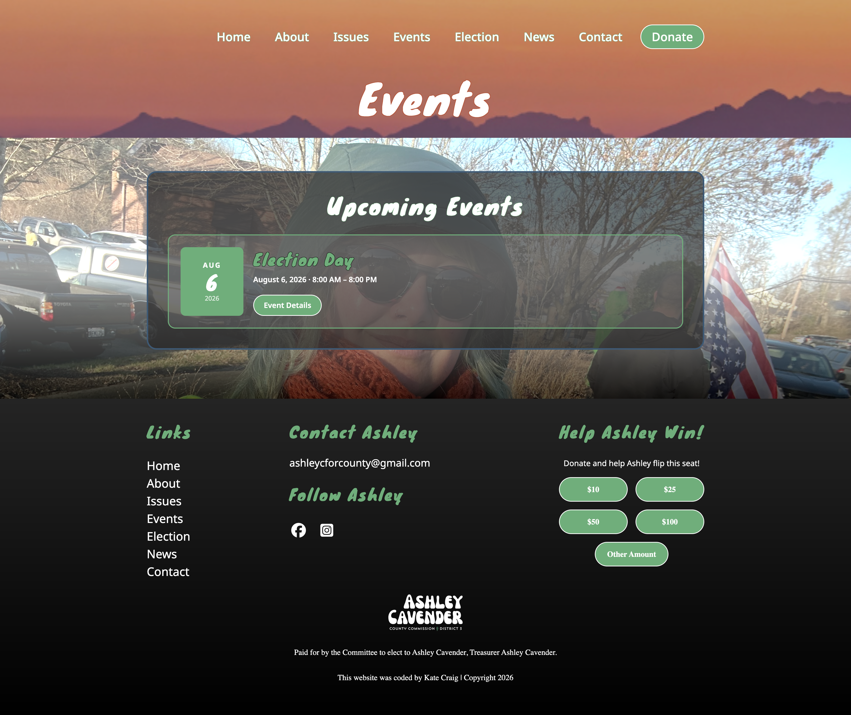Ashley Cavender Events Page Screenshot