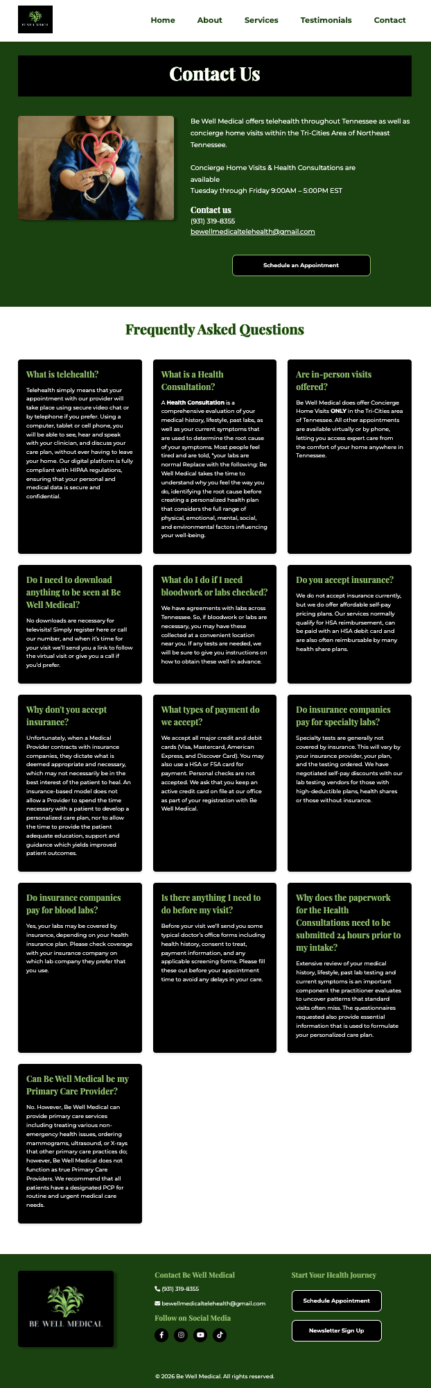 Be Well Medical Contact Page Screenshot