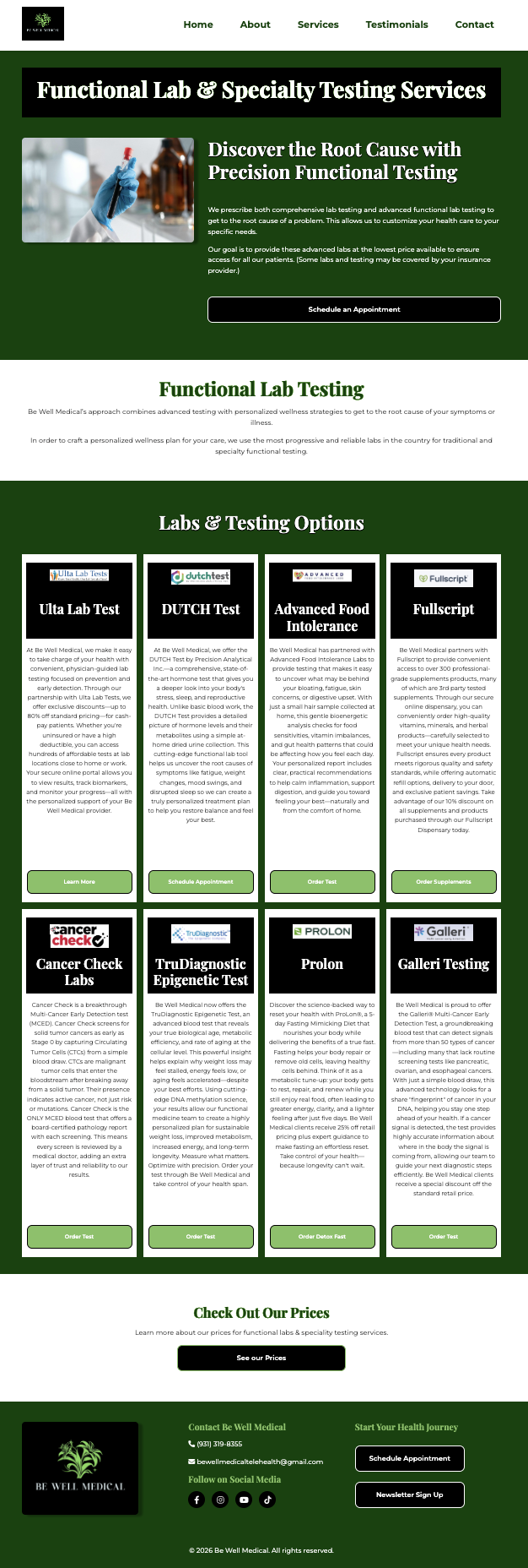 Be Well Medical Lab Page Screenshot