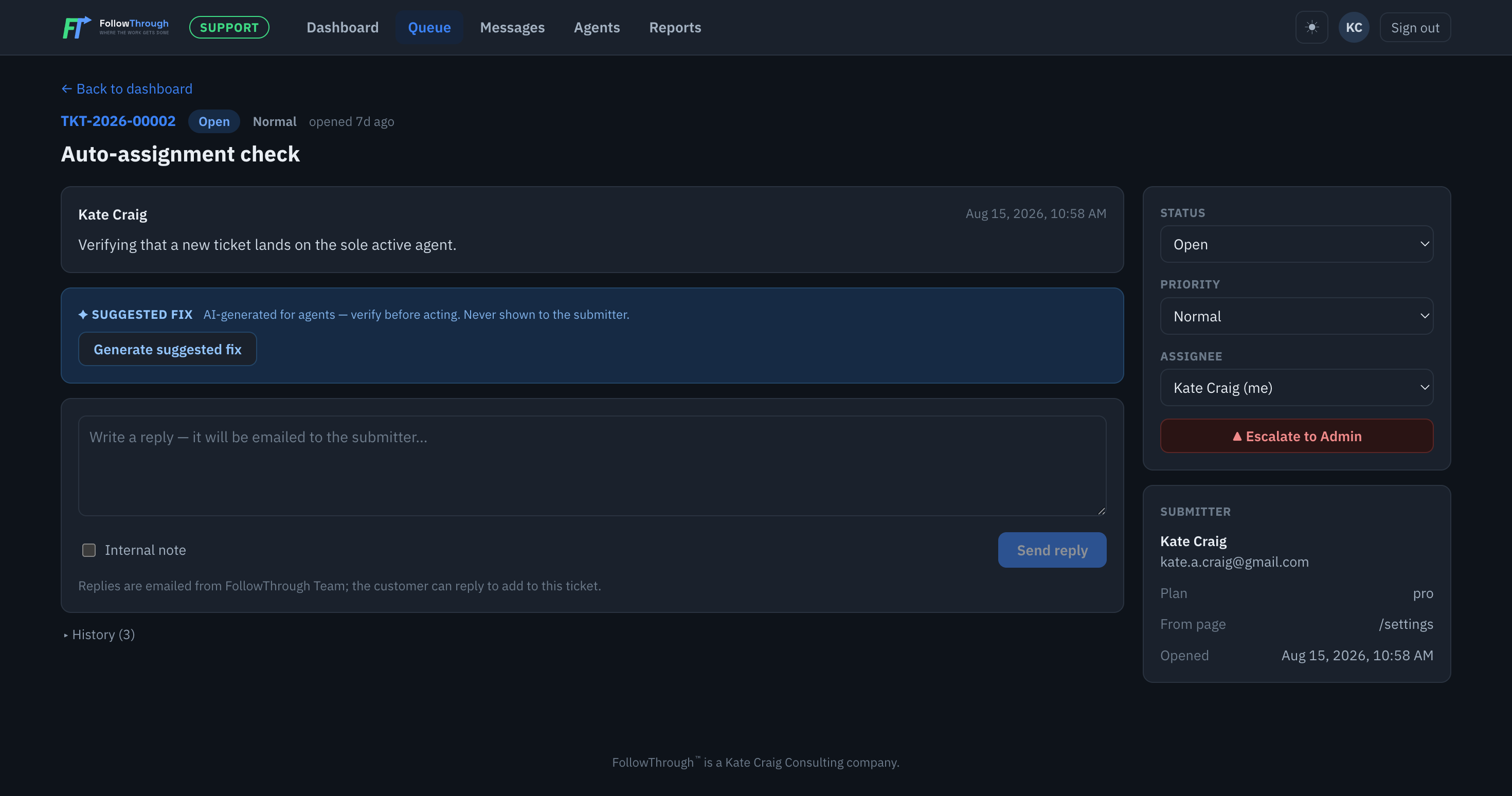 FollowThrough Support Ticket Page Screenshot