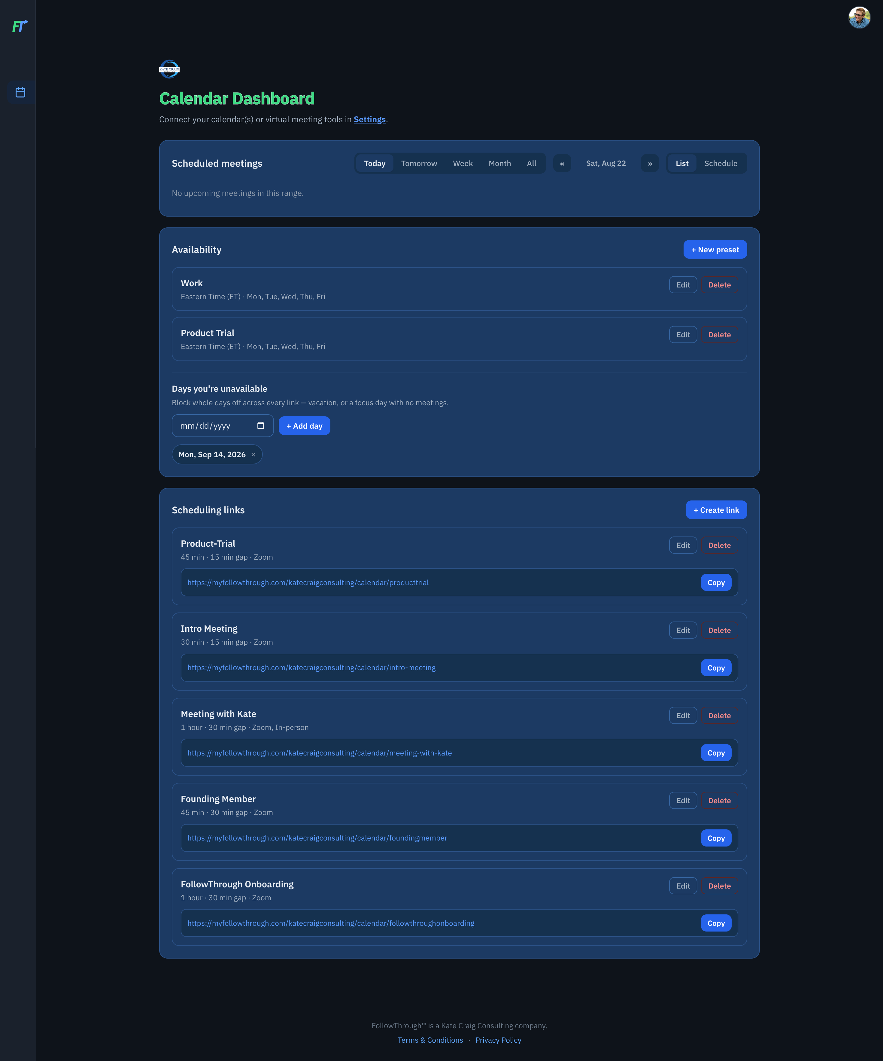 FollowThrough Calendar Scheduling Page Screenshot