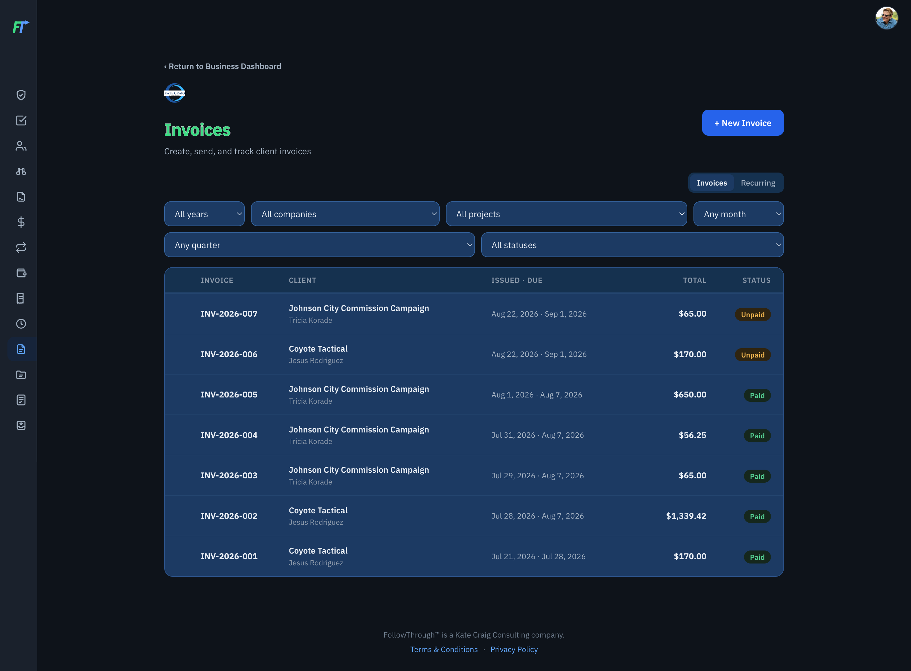 FollowThrough Invoices Page Screenshot
