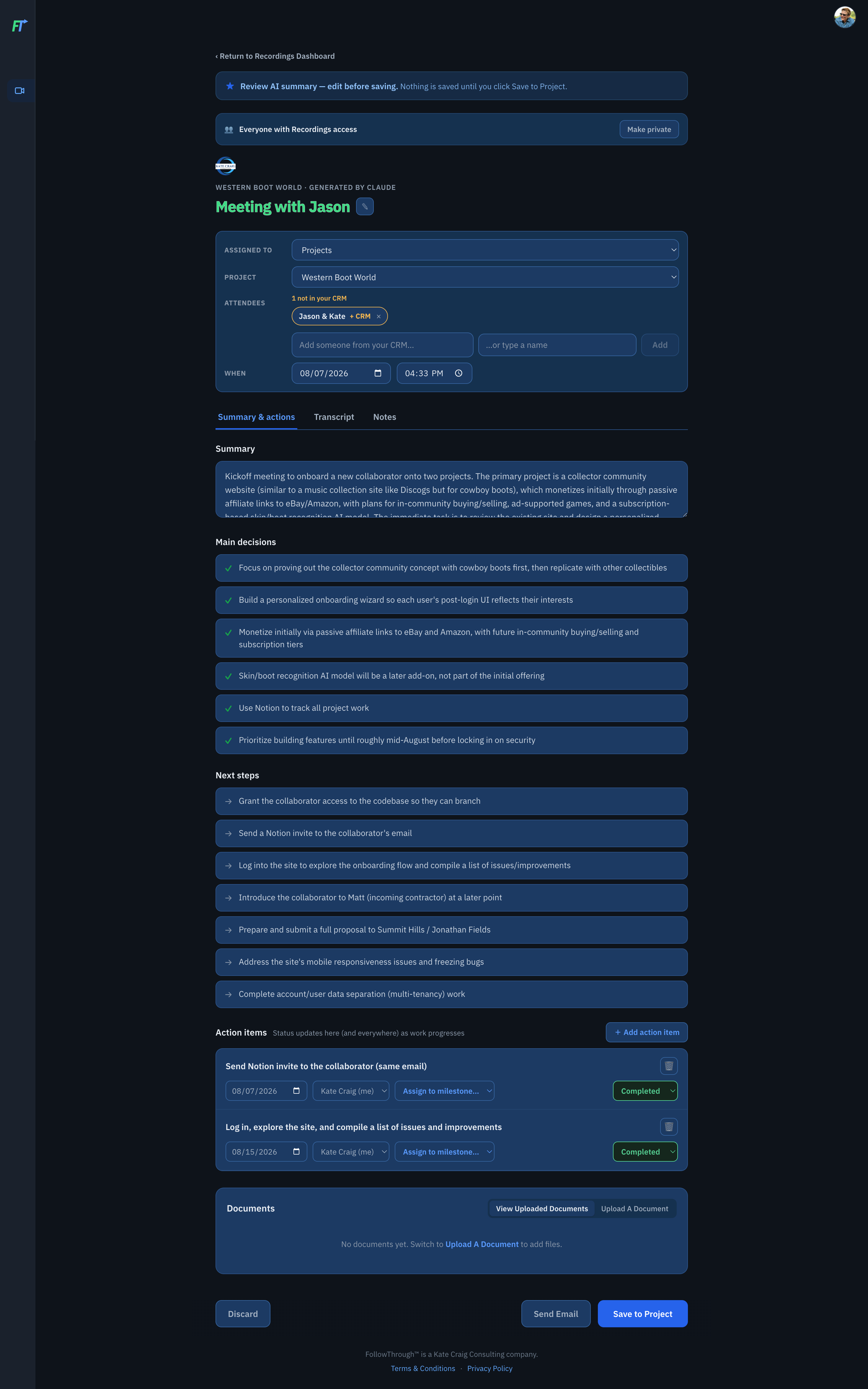 FollowThrough Transcription Page Screenshot