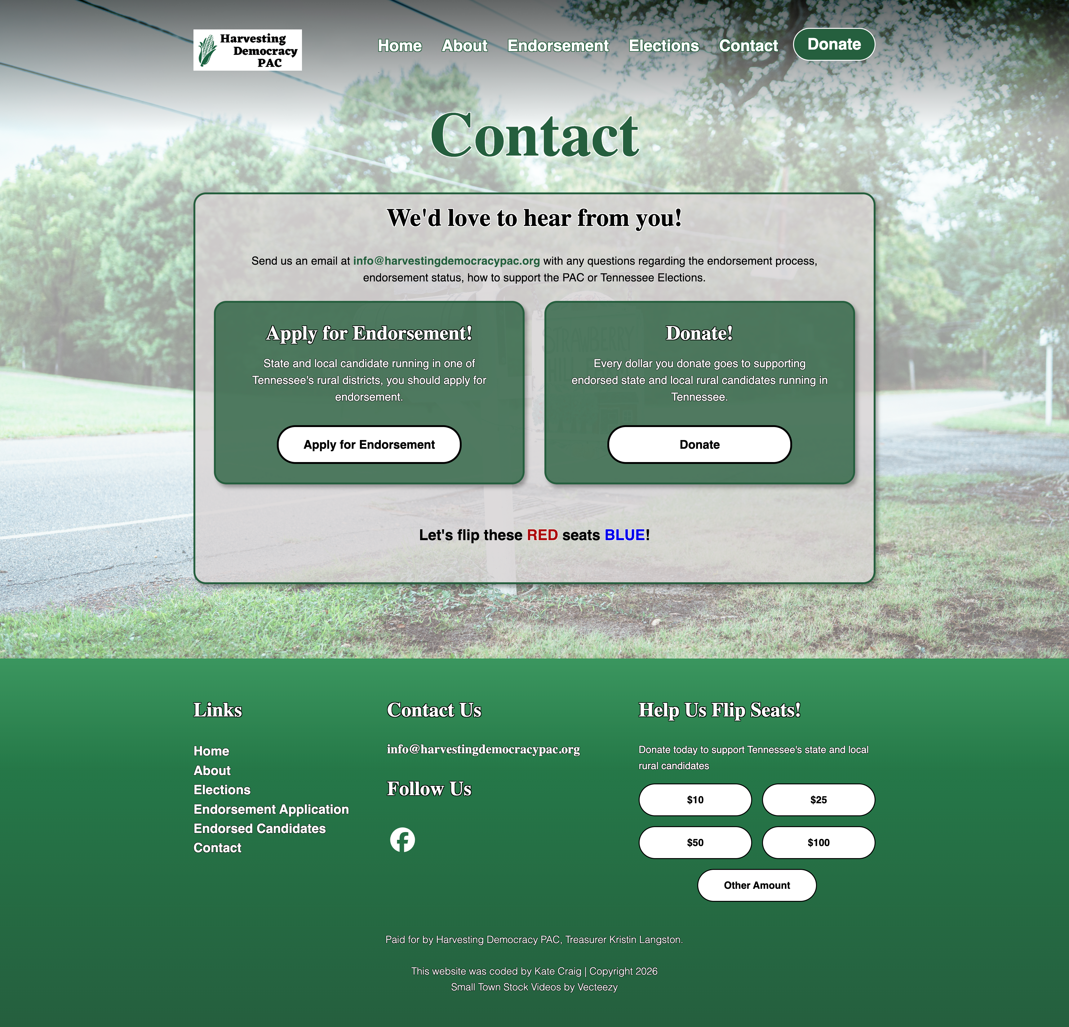 Harvesting Democracy PAC Contact Page Screenshot