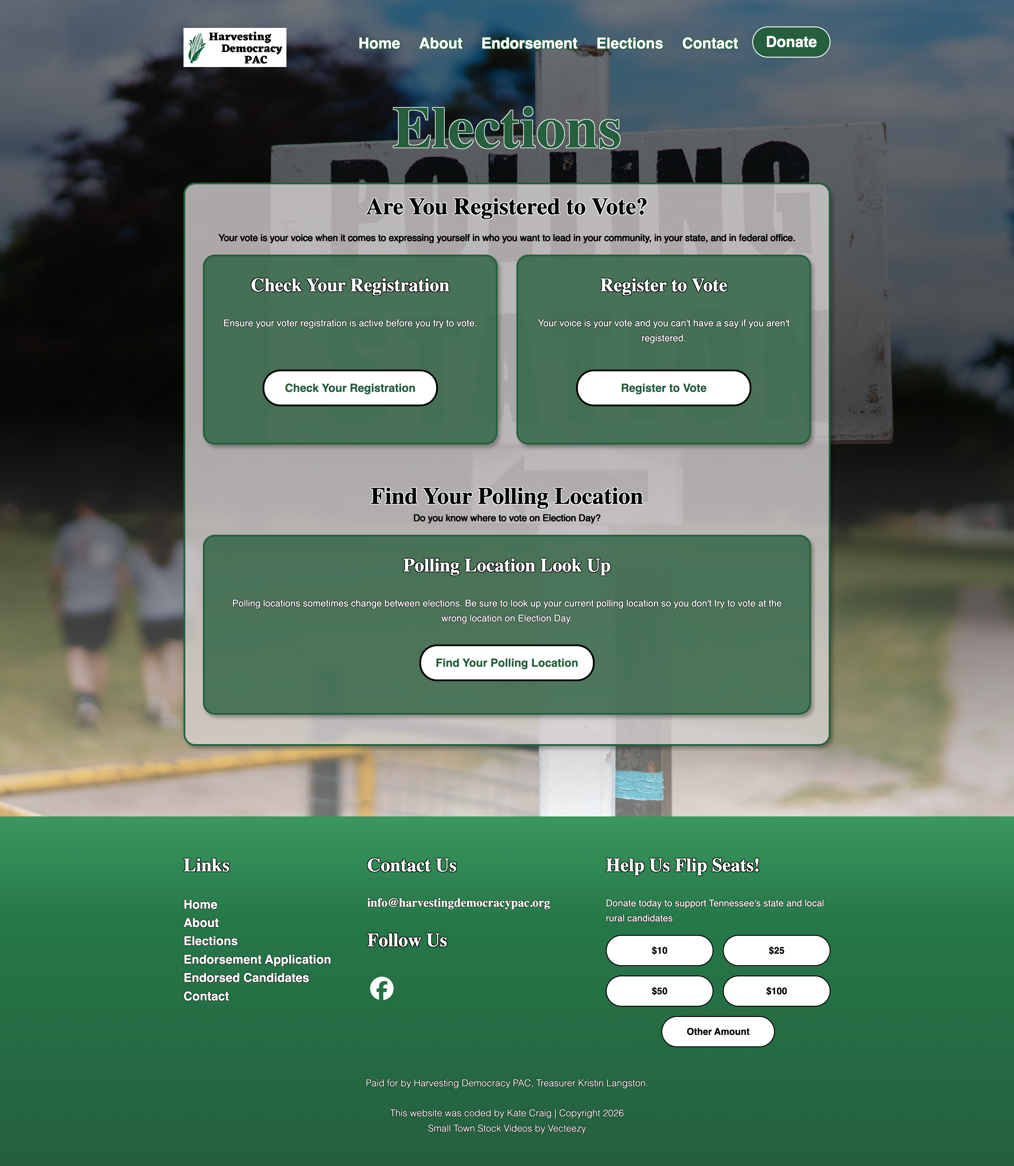 Harvesting Democracy PAC Elections Page Screenshot
