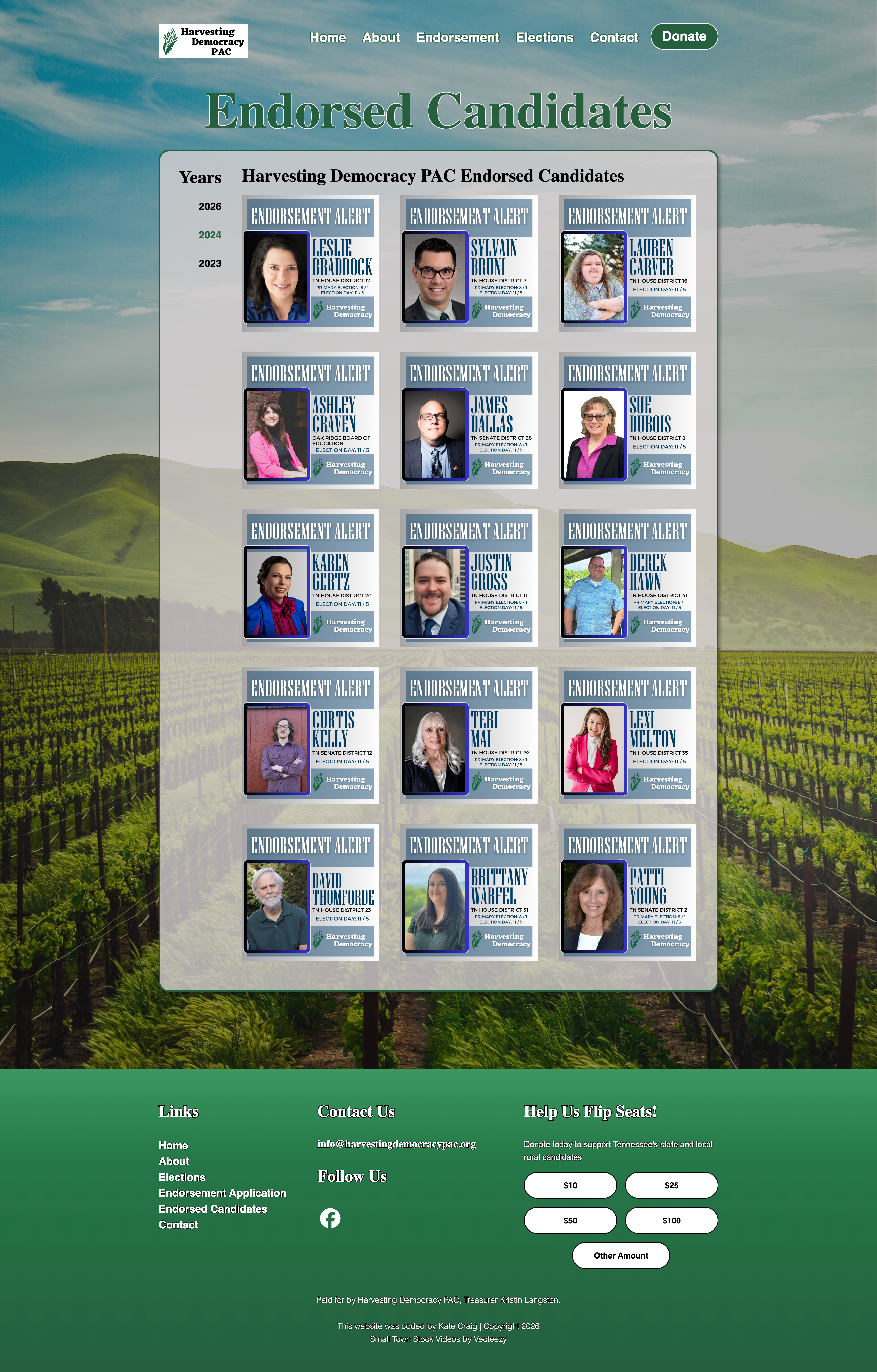 Harvesting Democracy PAC Endorsed Candidates Page Screenshot