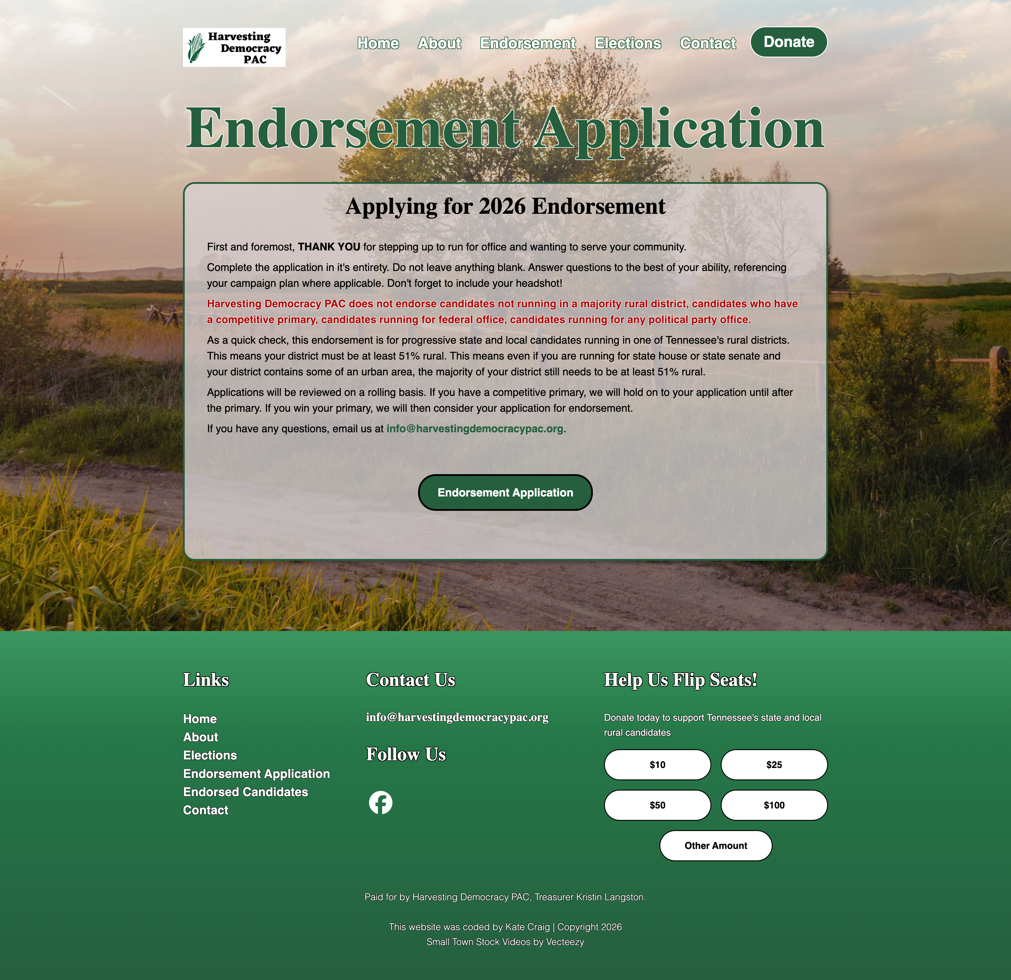 Harvesting Democracy PAC Endorsement Application Page Screenshot