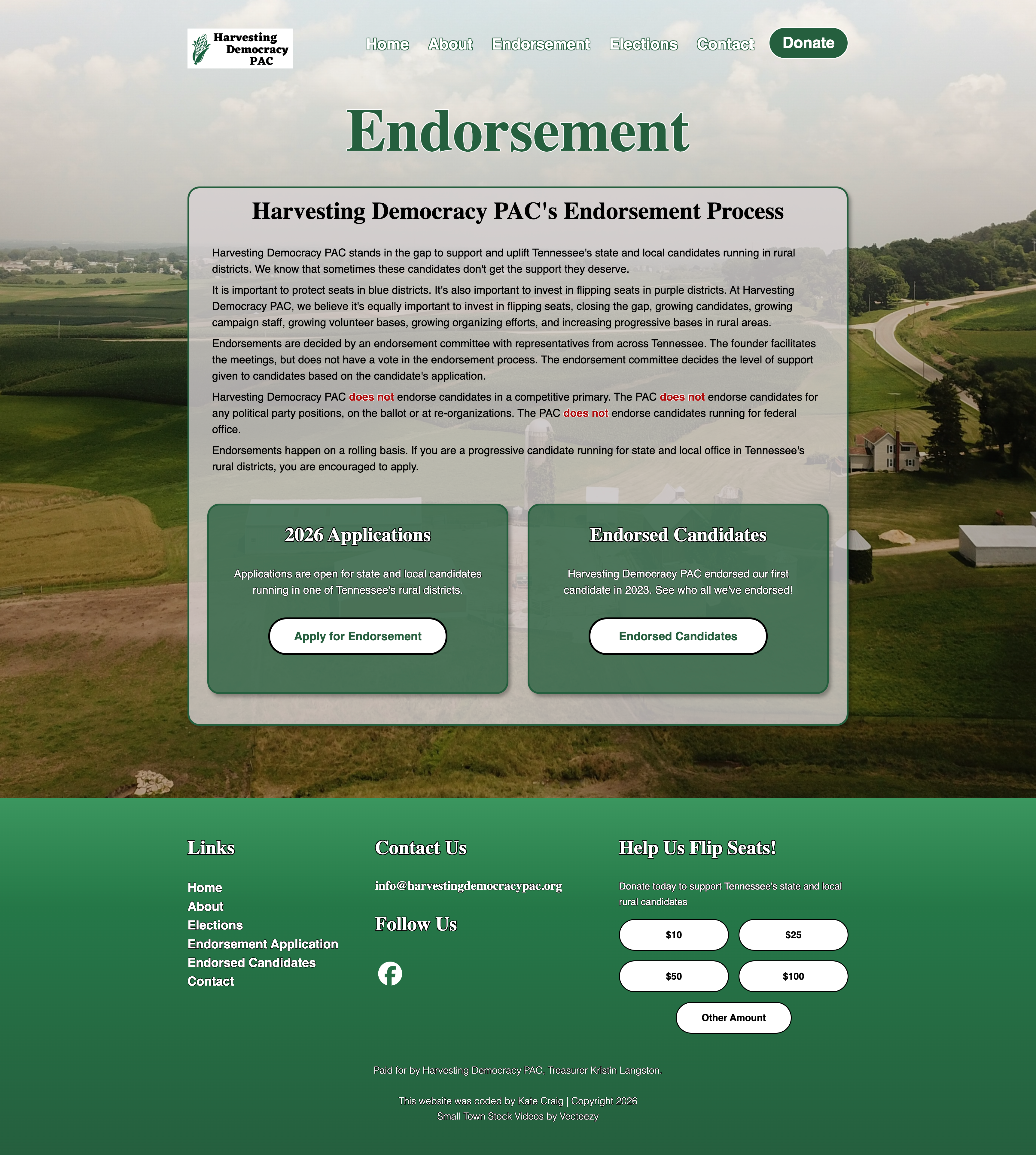 Harvesting Democracy PAC Endorsement Page Screenshot