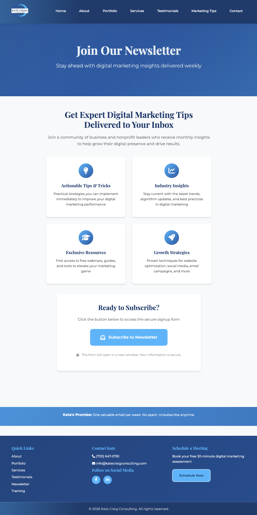 Kate Craig Consulting Newsletter Page Screenshot