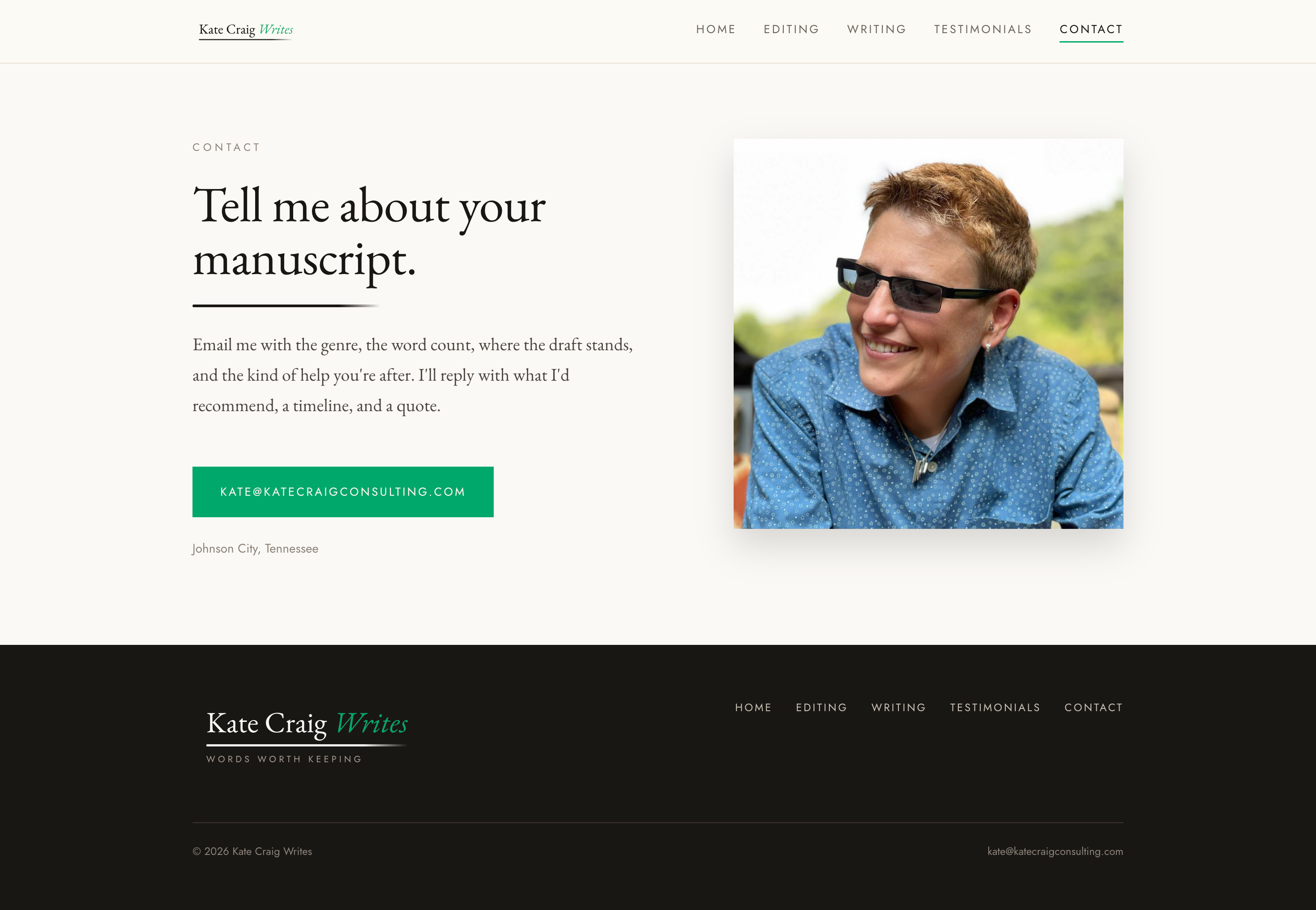 Kate Craig Writes Contact Page Screenshot