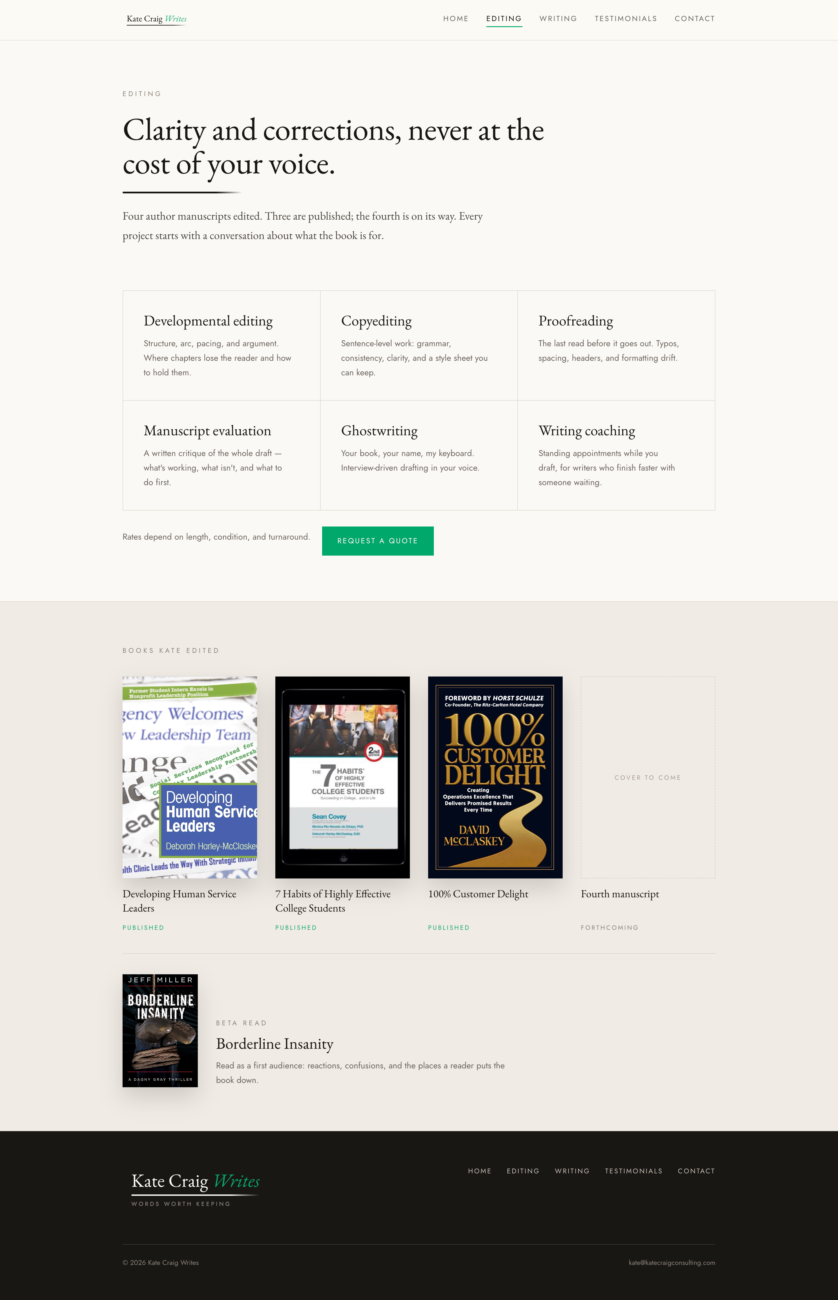 Kate Craig Writes Editing Page Screenshot