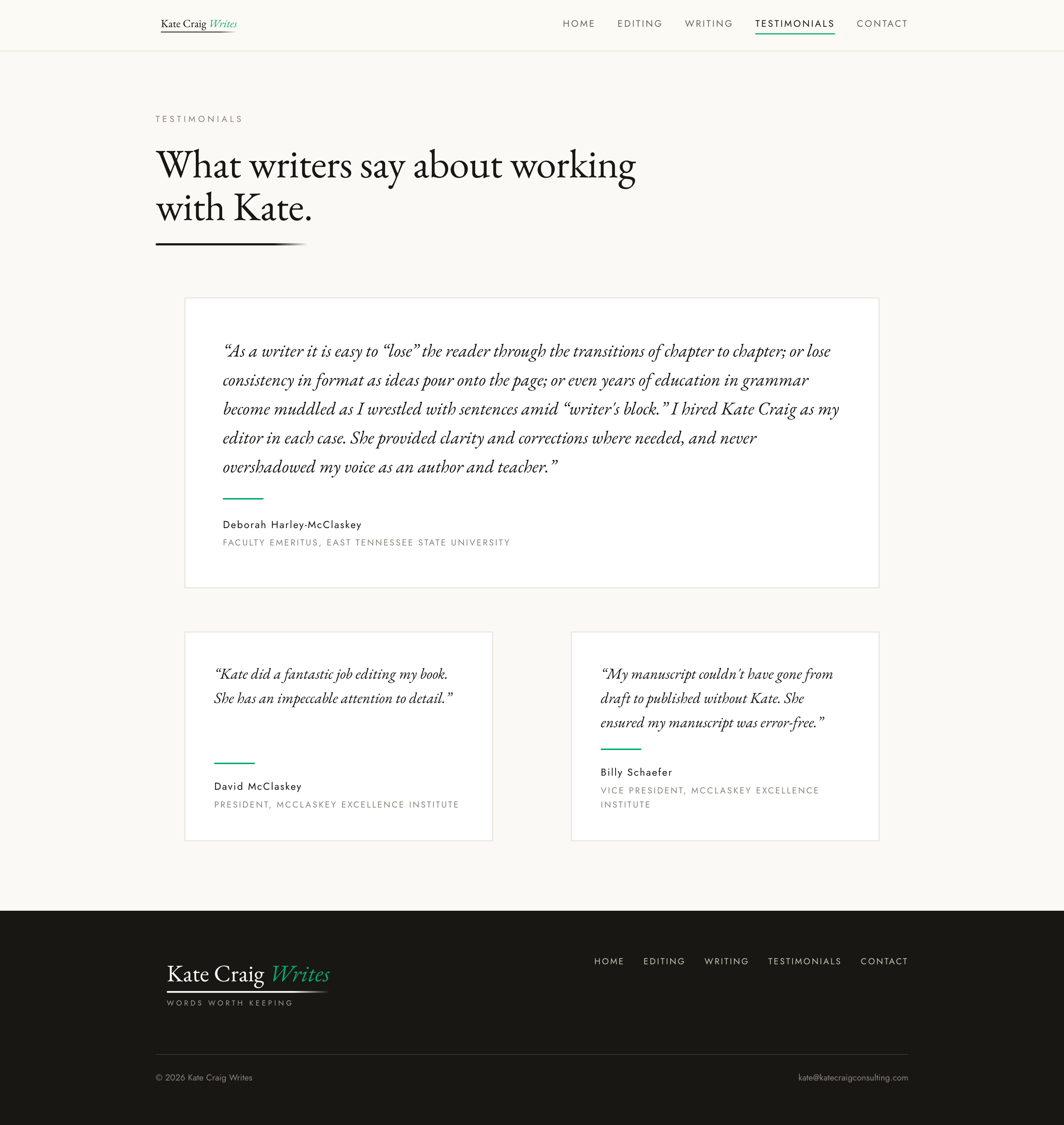 Kate Craig Writes Testimonials Page Screenshot