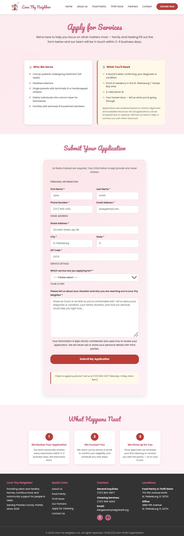 Love Thy Neighbor Application Page Screenshot