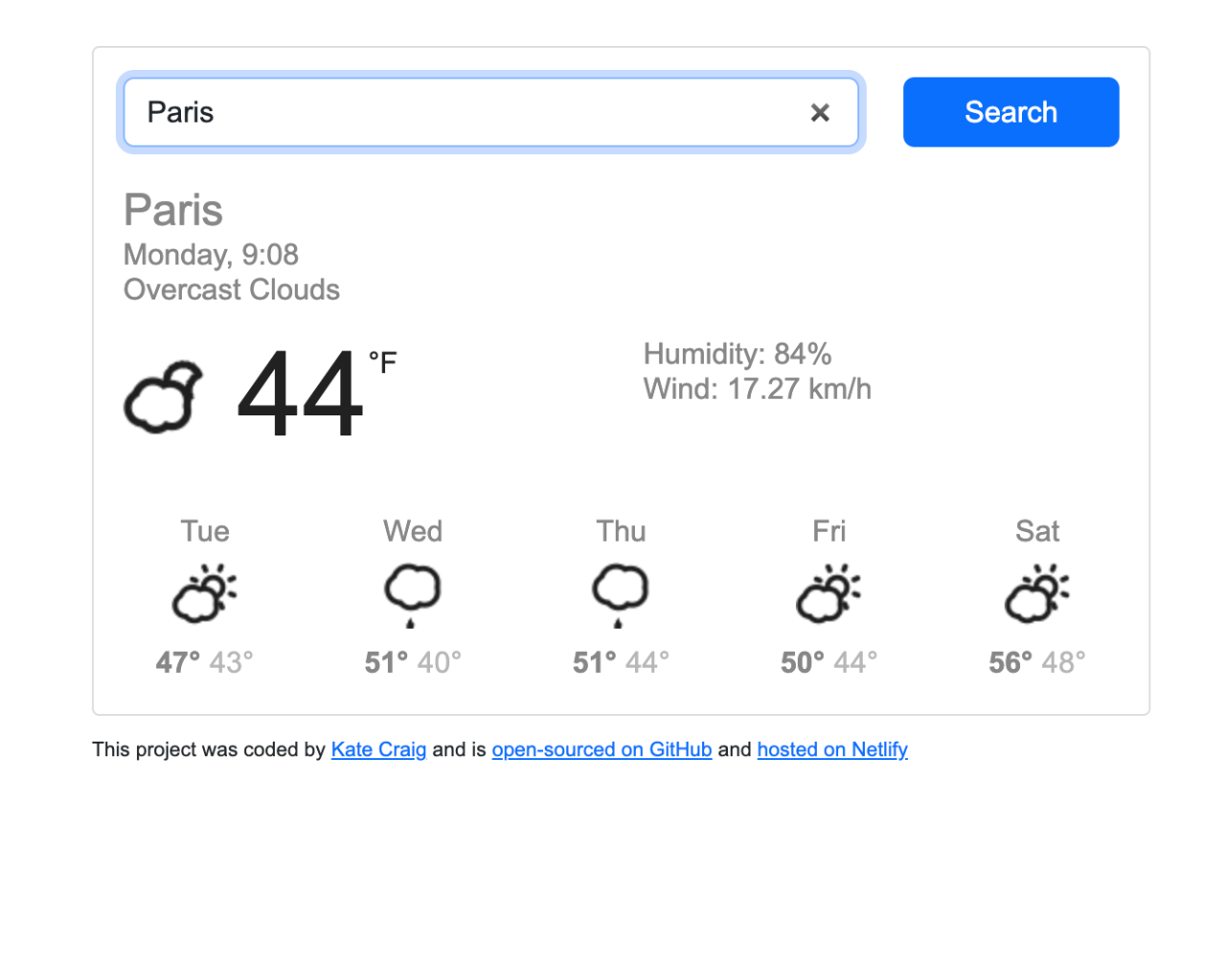 Weather Application project screenshot searched Paris