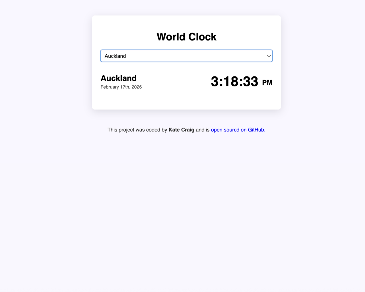 World Clock Application project screenshot Auckland time displayed