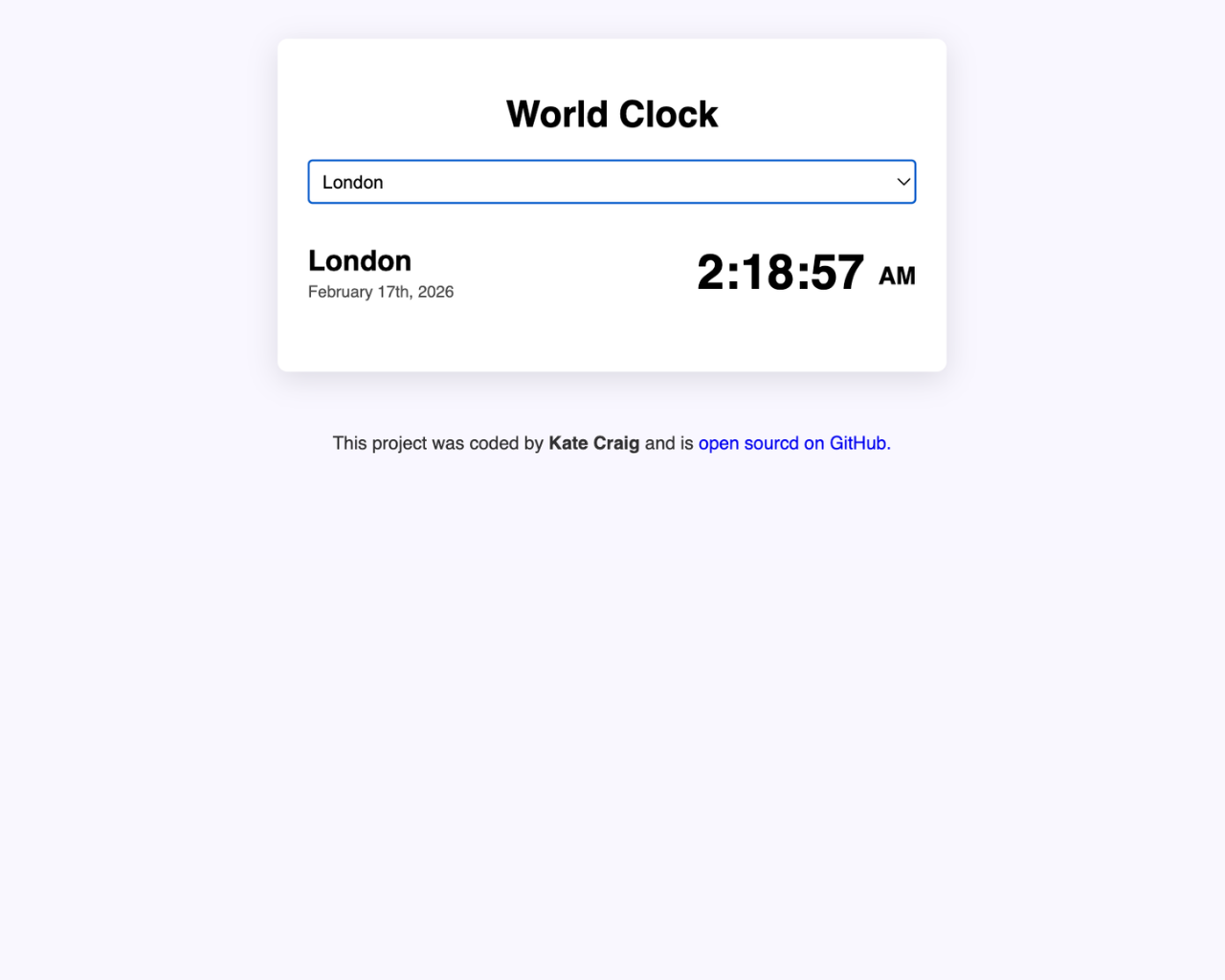 World Clock Application project screenshot London time displayed